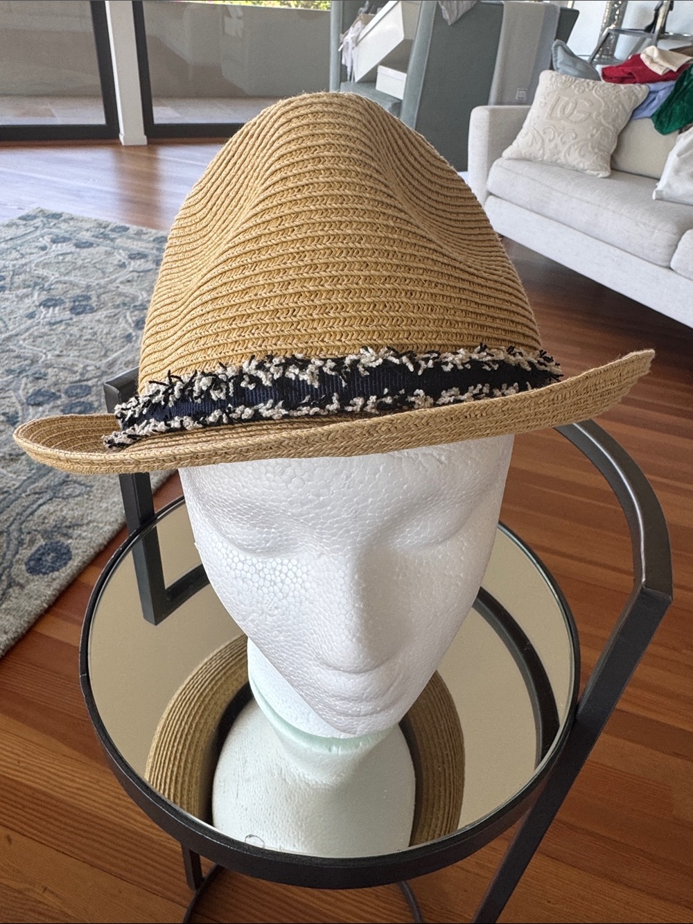 SUN N SAND Woven Fedora with Decorative Band - Tan & Navy